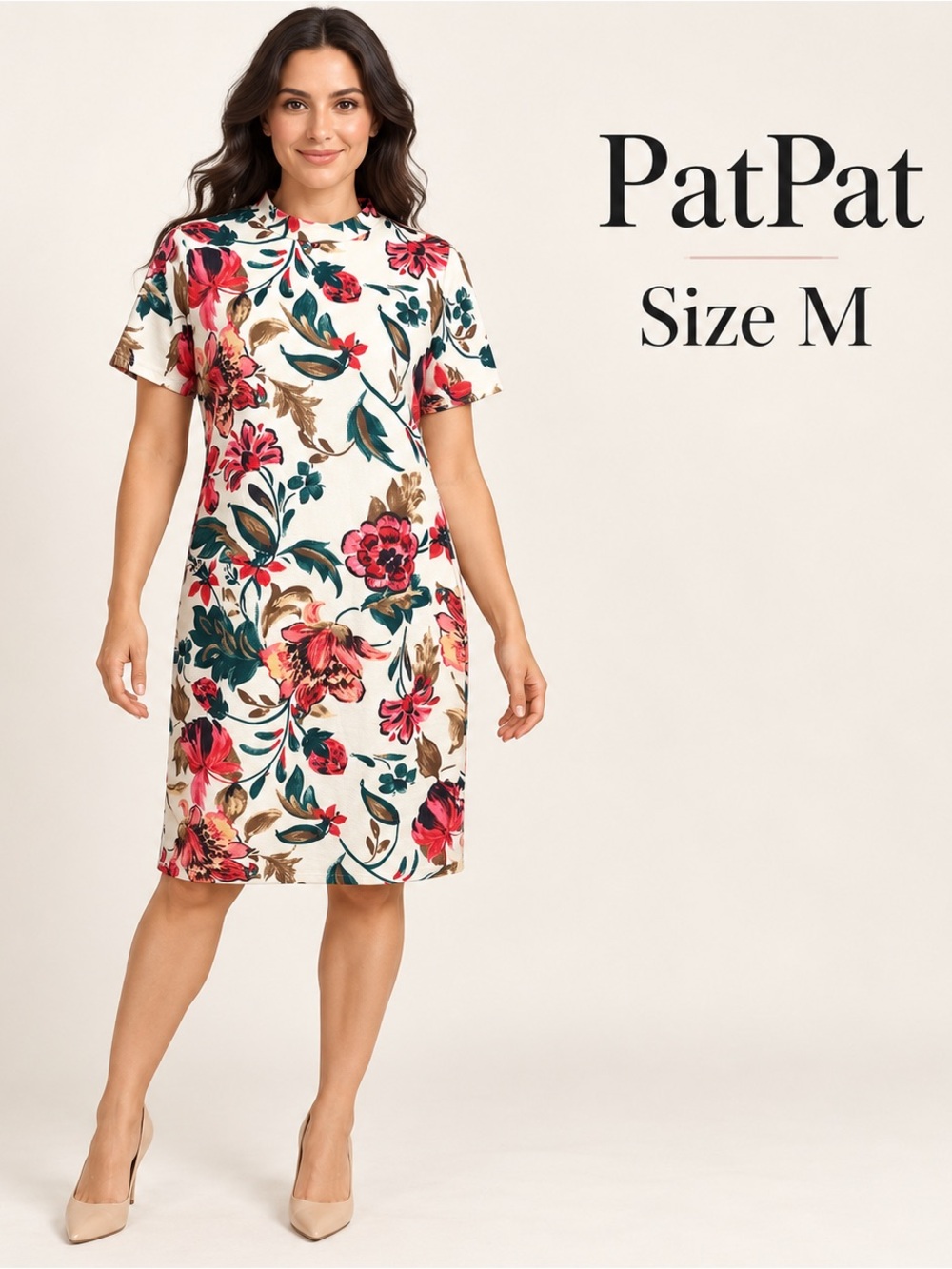 PatPat Ivory Floral Mock Neck Short Sleeve Dress Size M Classic casual feminine